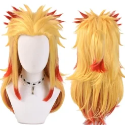 Högtemperaturfiber Peruker för män och kvinnor För manlig fest Halloween Kimetsu no Yaiba kort cosplay peruk syntetisk (Rengoku Kyo> Peruker