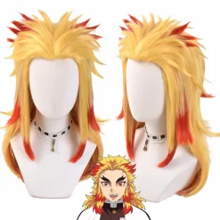 Högtemperaturfiber Peruker för män och kvinnor För manlig fest Halloween Kimetsu no Yaiba kort cosplay peruk syntetisk (Rengoku Kyo><noscript><img width=