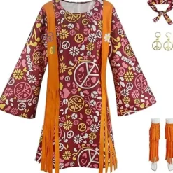 Hippie Disco 70-talsdräkt för kvinnor, pannband, klänning, ankelstrumpor, fredssymbol för damer Cosplay Party L L_max L> Dräkter