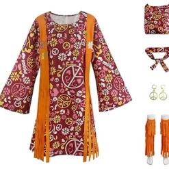 Hippie Disco 70-talsdräkt för kvinnor, pannband, klänning, ankelstrumpor, fredssymbol för damer Cosplay Party L L_max L><noscript><img width=