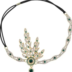 Huvudband i 1920-talsstil med fjädrar och pärlor, inspirerat av konst från 1920-talet, bladkrona, pärla (grön)> Huvudbonader
