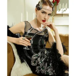 Huvudband i 1920-talsstil med fjädrar och pärlor, inspirerat av konst från 1920-talet, bladkrona, pärla (grön)><noscript><img width=