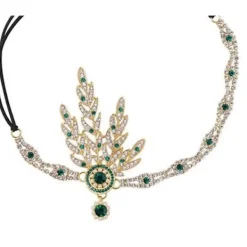 Huvudband i 1920-talsstil med fjädrar och pärlor, inspirerat av konst från 1920-talet, bladkrona, pärla (grön)><noscript><img width=