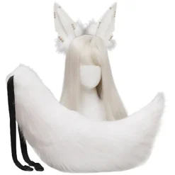 Huvudbonad med djuröron, svansset, metallring, hårbåge, handgjord cosplay-klänning (vit)> Huvudbonader