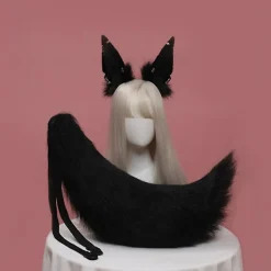 Huvudbonad med djuröron, svansset, metallring, hårbåge, handgjord cosplay-klänning (vit)> Huvudbonader