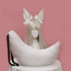 Huvudbonad med djuröron, svansset, metallring, hårbåge, handgjord cosplay-klänning (vit)><noscript><img width=