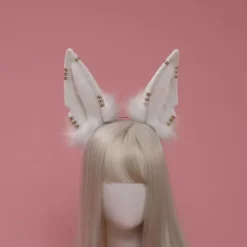 Huvudbonad med djuröron, svansset, metallring, hårbåge, handgjord cosplay-klänning (vit)><noscript><img width=