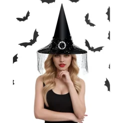 Häxhatt för kvinnor, spetsnät, elegant kostym, trollkarlskostymtillbehör för cosplayfester> Huvudbonader