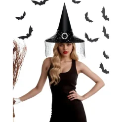 Häxhatt för kvinnor, spetsnät, elegant kostym, trollkarlskostymtillbehör för cosplayfester><noscript><img width=