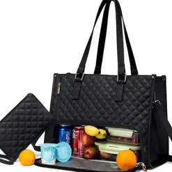 2-i-1 Handväska och Lunchväska - 15,6 tum, Isolerad lunchväska, Kylväska, Läcksäker Kylväska, Laptopväska för Arbete Svart> Masker