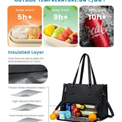 2-i-1 Handväska och Lunchväska - 15,6 tum, Isolerad lunchväska, Kylväska, Läcksäker Kylväska, Laptopväska för Arbete Svart> Masker