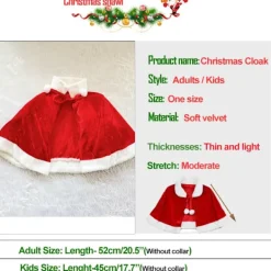 Jul Sammet Sjal Kappa Cape Fru Santa Claus Cape Robe Halloween Kostym Röd Kids Shawl><noscript><img width=