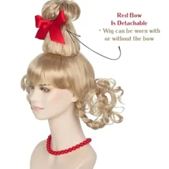 Julblond Peruk med Röd Rosett och Halsband Flickor Kvinnor Långa Flätor Juldräkt Peruk Tillbehör><noscript><img width=