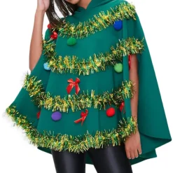 Julgransponcho Kostym för Kvinnor Rosett Boll Glänsande Dekor Huvförsedd Kappa Jul Cosplay Utklädnad X-Large Grön-yux X-Large> Dräkter