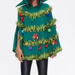 Julgransponcho Kostym för Kvinnor Rosett Boll Glänsande Dekor Huvförsedd Kappa Jul Cosplay Utklädnad X-Large Grön-yux X-Large> Dräkter