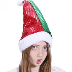 #Julhatt med röd och grön söm#> Huvudbonader