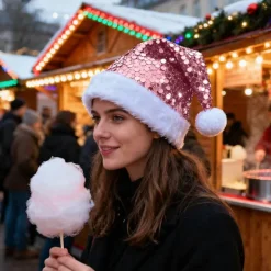 Julhatt, paljettprydd julhatt, lämplig plyschjulhatt för vuxna (rosa)> Huvudbonader