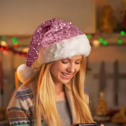 Julhatt, paljettprydd julhatt, lämplig plyschjulhatt för vuxna (rosa)><noscript><img width=