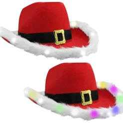 Julklapp för kvinnor och män - Ljusupplyst LED-blinkande julklapp med fjäderhatt Cowboy Röd Jultomte Western Semesterhatt><noscript><img width=