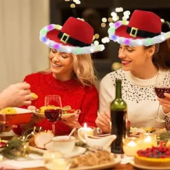 Julklapp för kvinnor och män - Ljusupplyst LED-blinkande julklapp med fjäderhatt Cowboy Röd Jultomte Western Semesterhatt><noscript><img width=