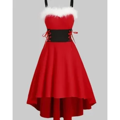 Julklänning: Röd Off-the-Shoulder Axelbandslös med Svart Midjerosett L> Dräkter