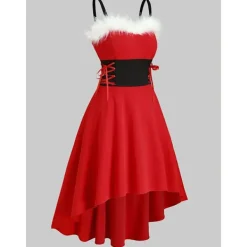 Julklänning: Röd Off-the-Shoulder Axelbandslös med Svart Midjerosett L><noscript><img width=