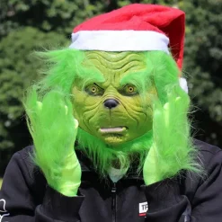 Julmask Jultomtemask, Grön Rolig Mask med Julhatt, Grinchen Jultomte Kostym Mask - Latex, Unisex><noscript><img width=