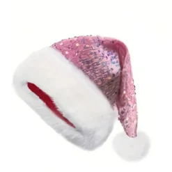 Julstämning glitterhatt, dubbelsidiga paljetter, tjock plyschhatt, lämplig för föreställningar, fester, rosa> Huvudbonader
