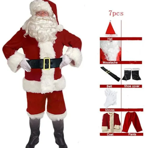 Jultomtedräkt 7 delar komplett julkostym för vuxna Cosplay Jultomtedräkt plus tomte xl puls (180-195cm)> Dräkter