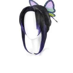 FMYSJ JUSCH Kochou Shinobu Cosplay-peruker med Fjärilshårspänne Korta Lila och Svarta Hästsvansperuker för Kvinnor Män, WZ-2058R (FMY)> Peruker