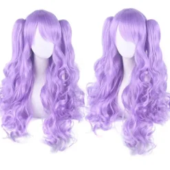JUSCH Lolita Lång Lockig Clip on Hästsvansar Cosplay Peruk, Dubbel hästsvans tiger clip lång lockig peruk (Ljuslila),WZ-1339R> Peruker