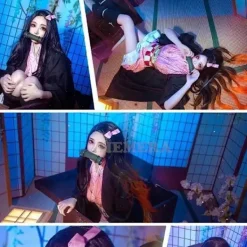 KOOLYOU Kamado Nezuko Cosplay Kostym Anime Kimono Kamado Nezuko Peruk Uniform Halloween Kvinnor Barnkläder Costume wig><noscript><img width=