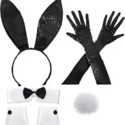 Kanindräktsset för jul- och påskcosplay – Inkluderar kaninöronband, krage med fluga, manschetter, långa svarta handskar och kaninsvans> Tillbehör
