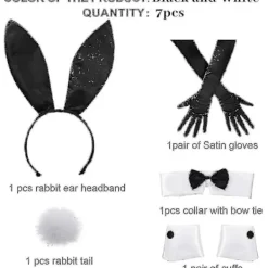 Kanindräktsset för jul- och påskcosplay – Inkluderar kaninöronband, krage med fluga, manschetter, långa svarta handskar och kaninsvans> Tillbehör