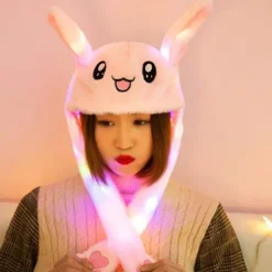 Kaninhatt Öron Rörelse Hoppande Hatt Led Lysande Rolig Kanin Plysch Hatt Mössa Mössa För Kvinnor Flickor><noscript><img width=