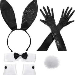 Kaninkostymset för jul- och påskcosplay - Inkluderar kaninöronpannband, krage med fluga, manschetter, långa svarta handskar och kaninsvans[D]> Tillbehör