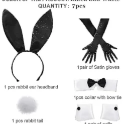 Kaninkostymset för jul- och påskcosplay - Inkluderar kaninöronpannband, krage med fluga, manschetter, långa svarta handskar och kaninsvans[D]> Tillbehör