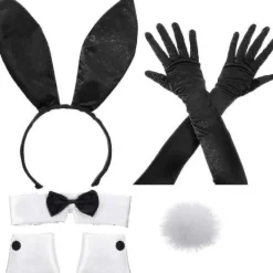 Kaninkostymset för jul, påskcosplay - Inkluderar kaninöronpannband, krage med fluga, manschetter, långa svarta handskar och kaninsvansaccessoar> Tillbehör