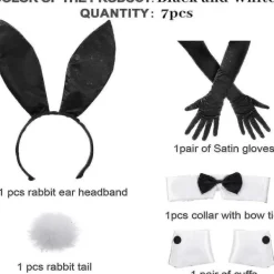 Kaninkostymset för jul, påskcosplay - Inkluderar kaninöronpannband, krage med fluga, manschetter, långa svarta handskar och kaninsvansaccessoar> Tillbehör