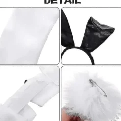 Kaninkostymset för jul, påskcosplay - Inkluderar kaninöronpannband, krage med fluga, manschetter, långa svarta handskar och kaninsvansaccessoar><noscript><img width=
