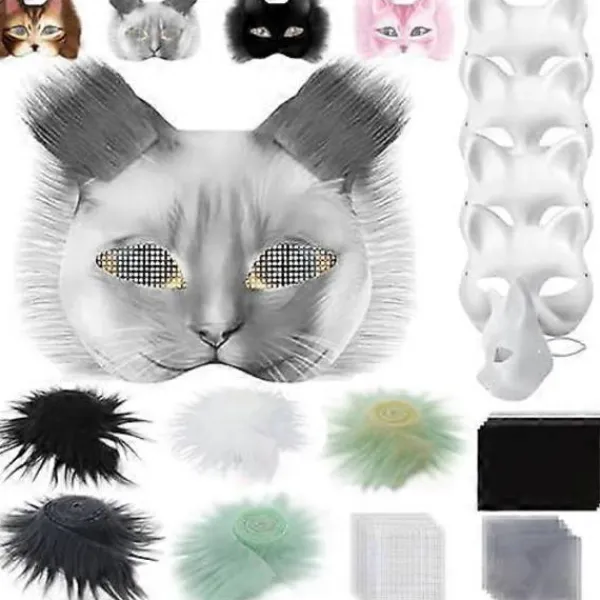 Kattmask med päls och nätöga, tomma pappersmasker för DIY, vita målningspappersmasker, kattmask för DIY Halloween Mardi Gras-fest_max> Masker