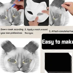 Kattmask med päls och nätöga, tomma pappersmasker för DIY, vita målningspappersmasker, kattmask för DIY Halloween Mardi Gras-fest_max><noscript><img width=