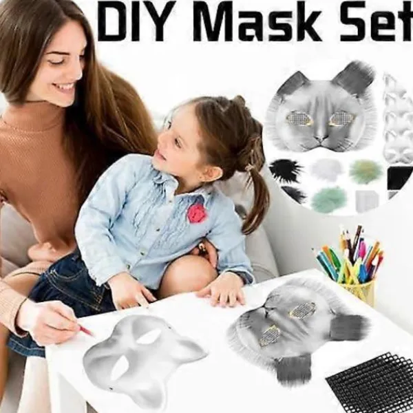 Kattmask med päls och nätöga, tomma pappersmasker för DIY, vita målningspappersmasker, kattmask för DIY Halloween Mardi Gras-fest_max> Masker