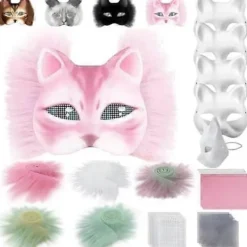 Kattmask med päls och nätöga, tomma pappersmasker för DIY, vita målningspappersmasker, kattmask för DIY Halloween Mardi Gras-fest> Masker
