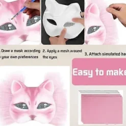 Kattmask med päls och nätöga, tomma pappersmasker för DIY, vita målningspappersmasker, kattmask för DIY Halloween Mardi Gras-fest><noscript><img width=