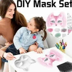 Kattmask med päls och nätöga, tomma pappersmasker för DIY, vita målningspappersmasker, kattmask för DIY Halloween Mardi Gras-fest><noscript><img width=