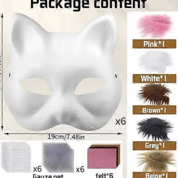 Kattmask med päls och nätögon, tomma pappersmasker för DIY, vita målningspappersmasker, kattmask för DIY Halloween Mardi Gras-fest> Masker