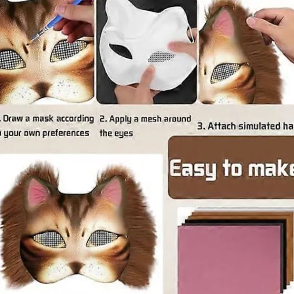 Kattmask med päls och nätögon, tomma pappersmasker för DIY, vita målningspappersmasker, kattmask för DIY Halloween Mardi Gras-fest> Masker