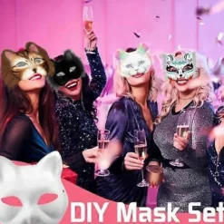Kattmask med päls och nätögon, tomma pappersmasker för DIY, vita målningspappersmasker, kattmask för DIY Halloween Mardi Gras-fest><noscript><img width=