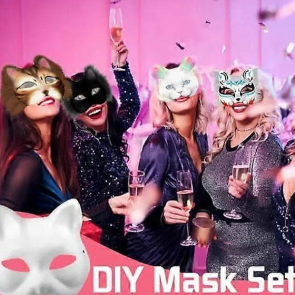Kattmask med päls och nätögon, tomma pappersmasker för DIY, vita målningspappersmasker, kattmask för DIY Halloween Mardi Gras-fest> Masker